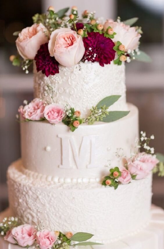 wedding cake with burgundy flower for burgundy and grey september wedding color 2020