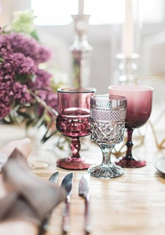 wine glass and table decorations for mauve and grey september wedding color 2020
