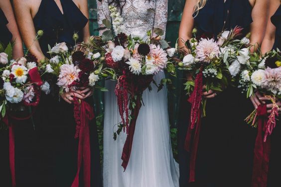 navy blue bridesmaid dresses with burgundy bouquets for navy blue and burgundy september wedding color 2020