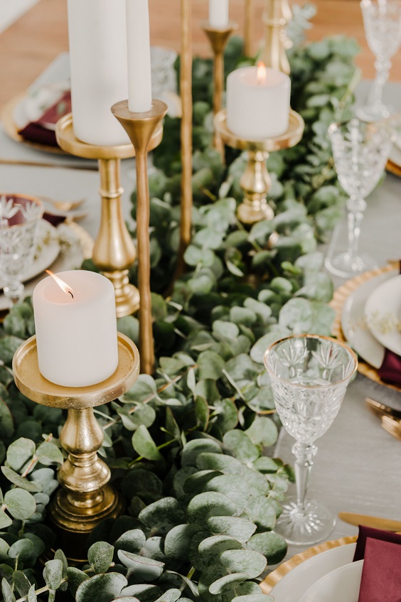 table garland and gold holder for candles for sage green and gold september wedding color 2020