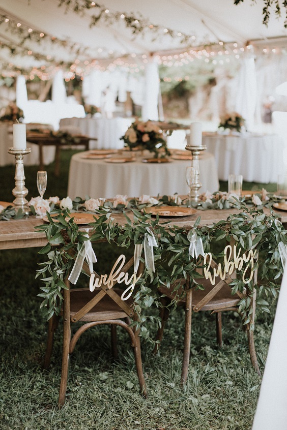 wedding chair with greenery and sage green table decorations for sage green and gold september wedding color 2020