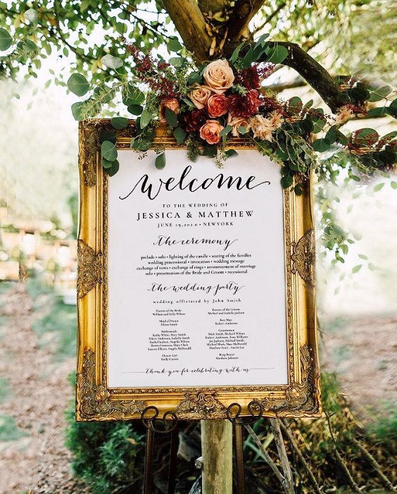 welcome sign with greenery for sage green and gold september wedding color 2020