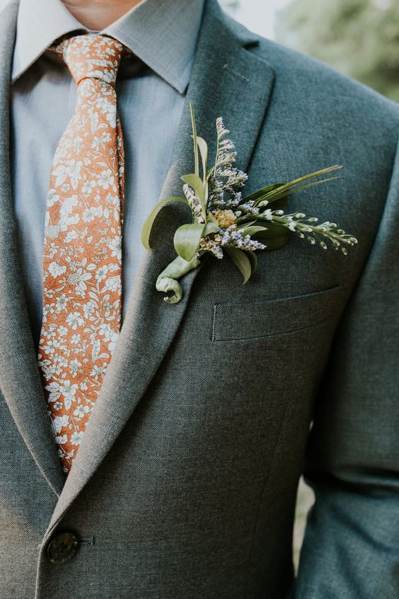 terracatta men tie and greenery boutonnierefor terracotta and greenery september wedding color 2020