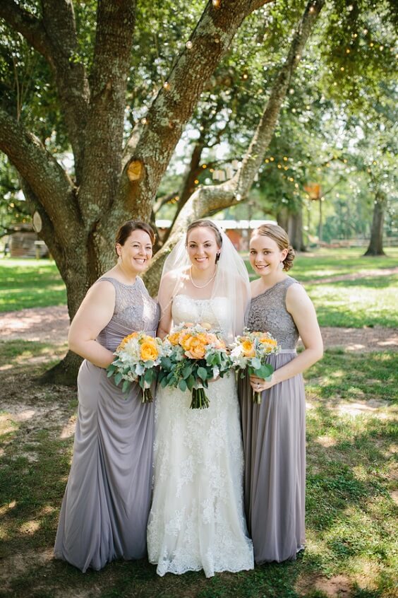 Grey bridesmaid dresses orange bouquets for Grey, Orange and Woods Color Rustic Summer Wedding