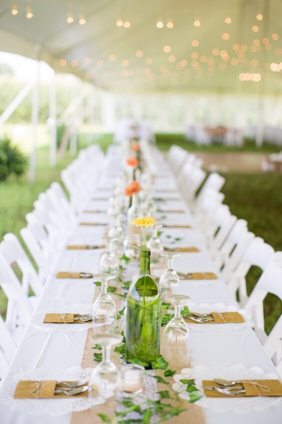 Wedding table settings for Grey, Orange and Woods Color Rustic Summer Wedding