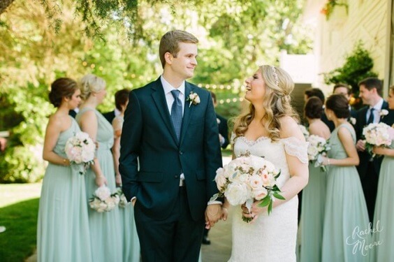 Bridal gown groom attire for Honeydew, Blush and Champagne Rustic Summer Wedding