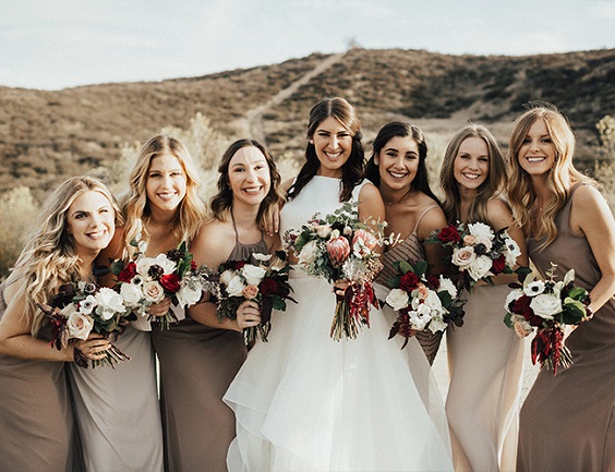 neutral bridesmaid dresses for taupe and burgundy rustic fall wedding