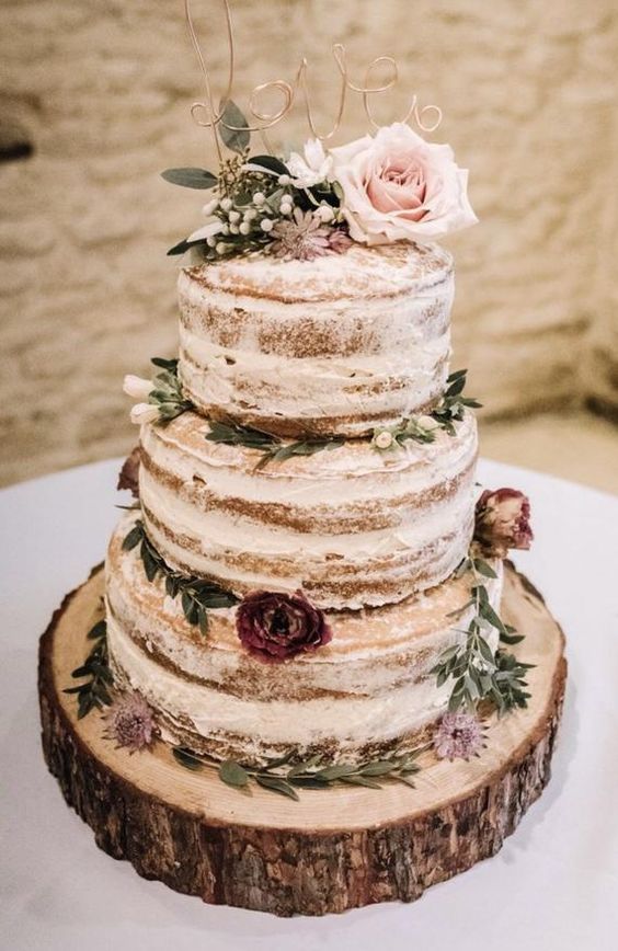semi naked wedding cake for dusty rose and gold rustic fall wedding
