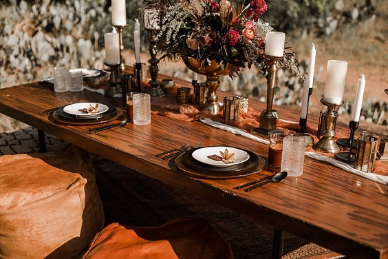 brown long table for brown and cream rustic fall wedding
