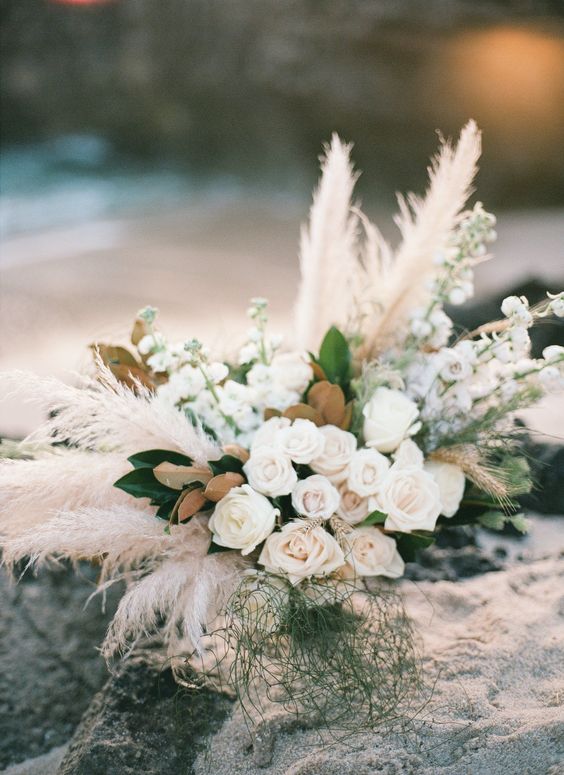 pampas grass bohemian bouquet for sage green and white rustic fall wedding