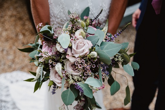 lavender and sage bouquet for lavender and wood color rustic fall wedding