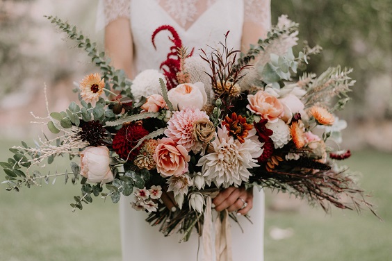 floral bouquet for green and maroon rustic fall wedding