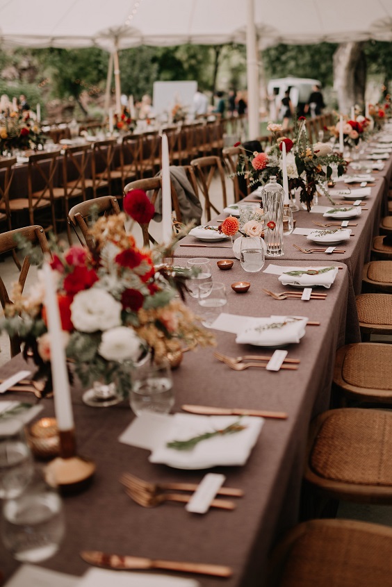 long table for green and maroon rustic fall wedding