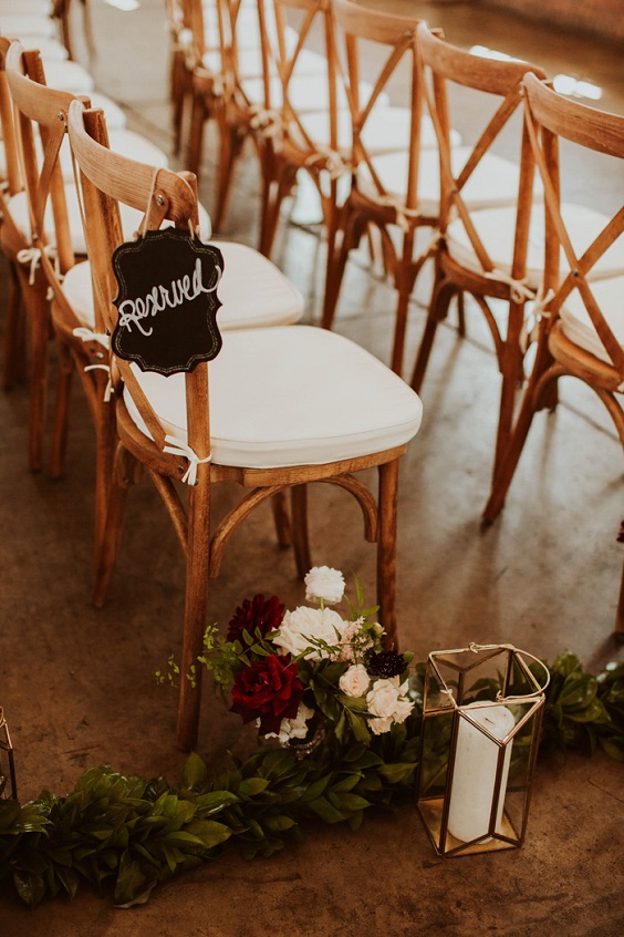 wooden chairs for burgundy and orange rustic fall wedding
