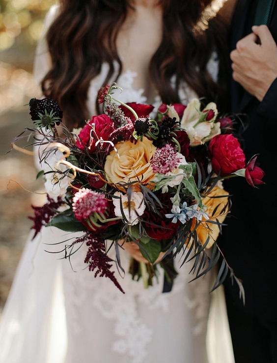 burgundy black and yellow bouquet for burgundy fall wedding colors burgundy and black