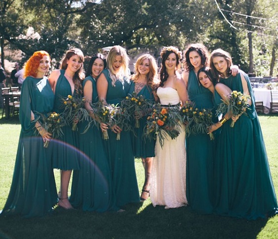 teal and orange bridesmaid dresses