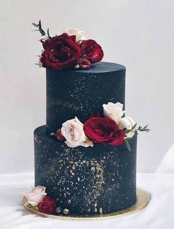 navy blue wedding cake with burgundy flower decoration for navy burgundy fall wedding colors