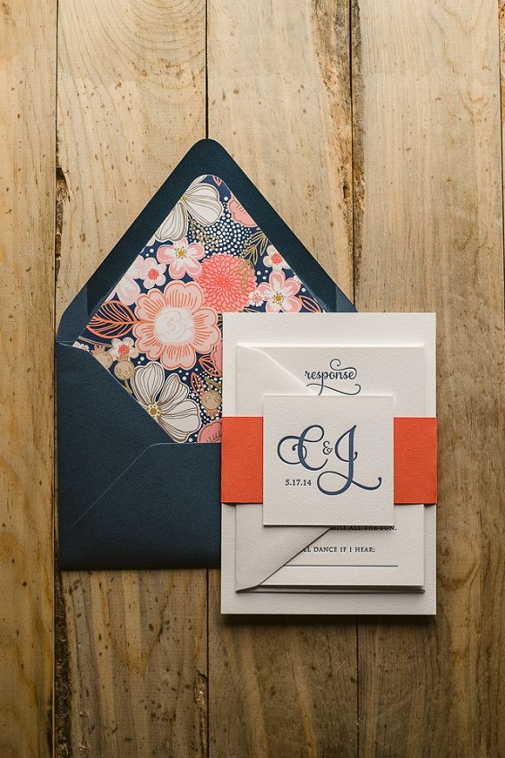 navy blue wedding invites with orange floral prints for navy orange fall wedding colors