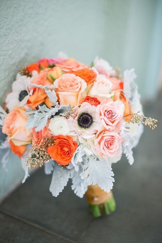 orange peach and white wedding bouquet for navy orange fall wedding colors