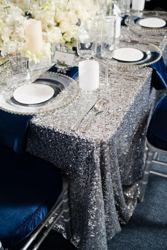 silver wedding table cloth with navy blue table runner for navy silver fall wedding colors