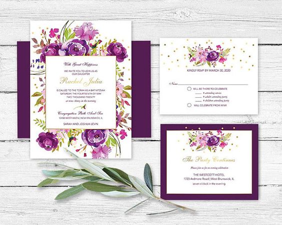purple wedding invitation with greenery decoration for pueple and greenery purple fall wedding colors