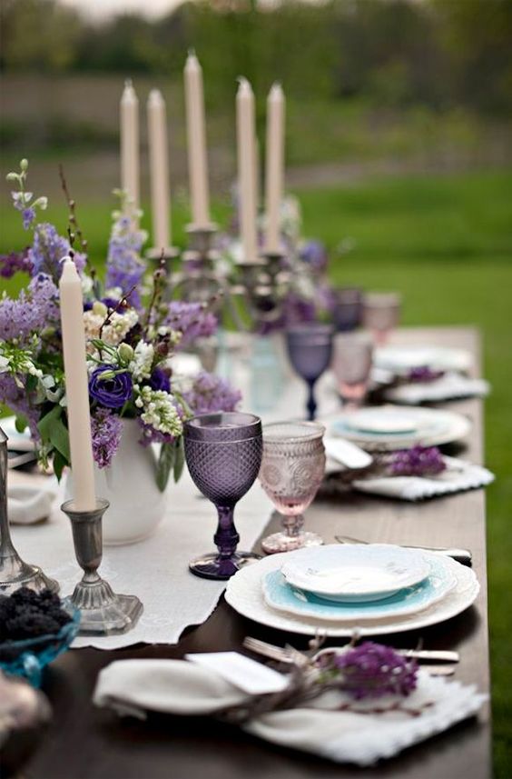 purple weddign table setting for purple and greenery purple fall wedding colors