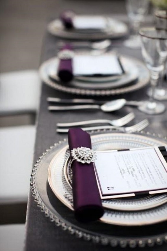 grey dinner table and purple napkin for purple and grey purple fall wedding colors