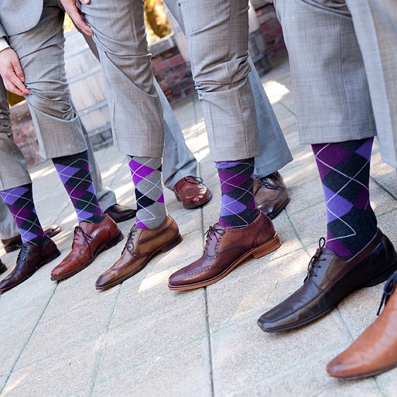 grey groomsmen attire and purple socks for purple and grey purple fall wedding colors