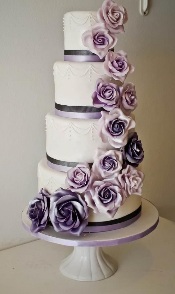 white wedding cake with purple and gray flowers for purple and grey purple fall wedding colors