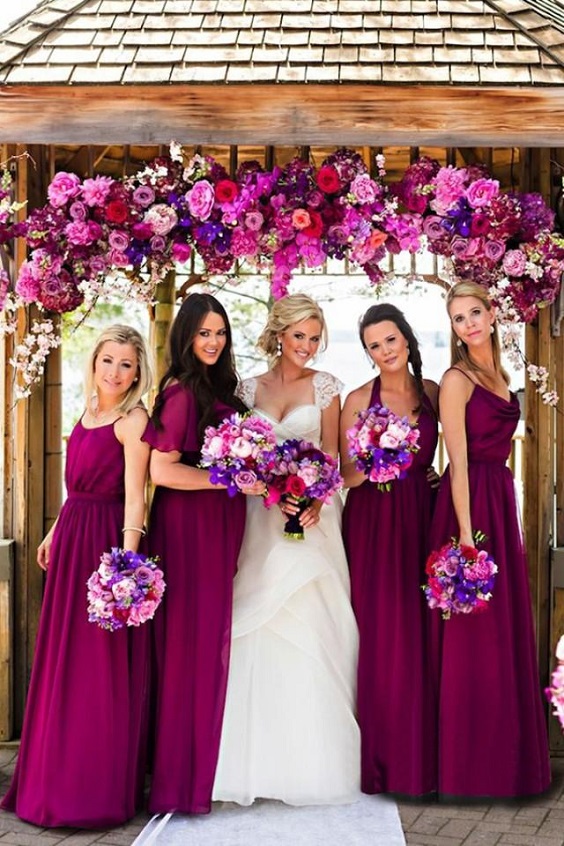 purple bridesmaid dresses with purple and pink bouquets for purple and pink purple fall wedding colors