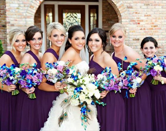 purple bridesmaid dresses with teal bouquets for purple and teal fall wedding colors