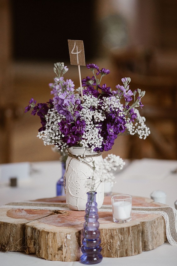 wedding table number and purple flower vase deocorations for purple and white purple fall wedding colors