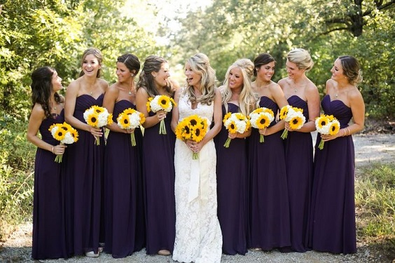 purple bridesmaid dresses with wedding yellow bouquets for purple and yellow purple fall wedding colors