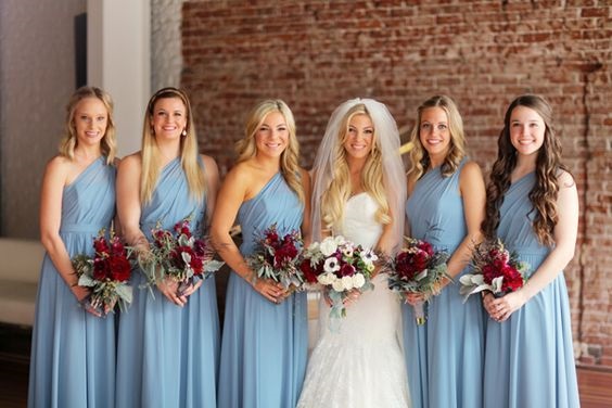 dusty blue bridesmaid dresses and red bouquets for dusty blue red may wedding colors 2020