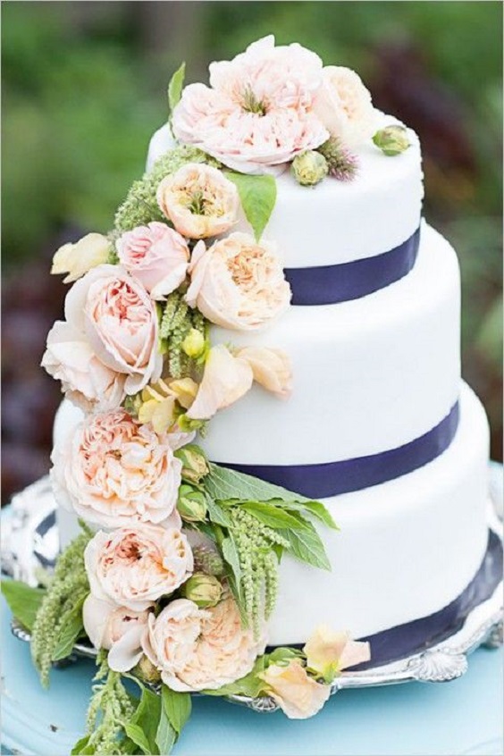 white wedding cakes and navy blue ribbon for white navy blue may wedding colors 2020