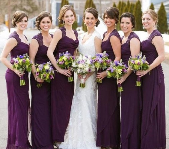 plum bridesmaid dresses and yellow bouquets for plum yellow may wedding colors 2020