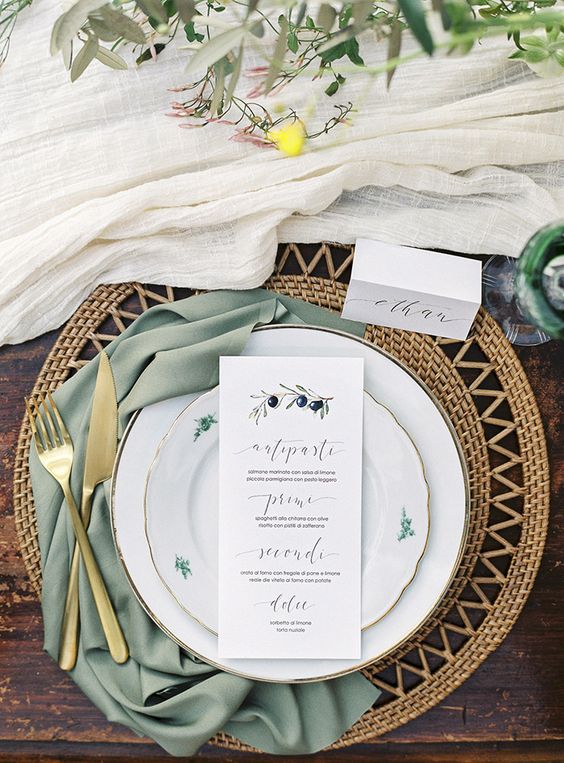 gilded tableware and sage green napkin for neutral fall wedding colors sage green and gold