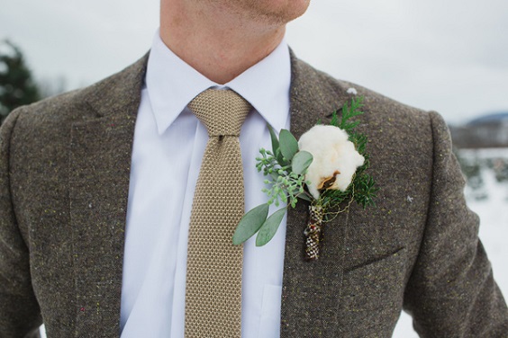 grey mens suit with golden tie for neutral fall wedding colors sage green and gold