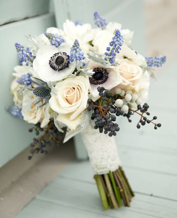 dusty blue and white bouquet for neutral fall wedding colors grey and dusty blue