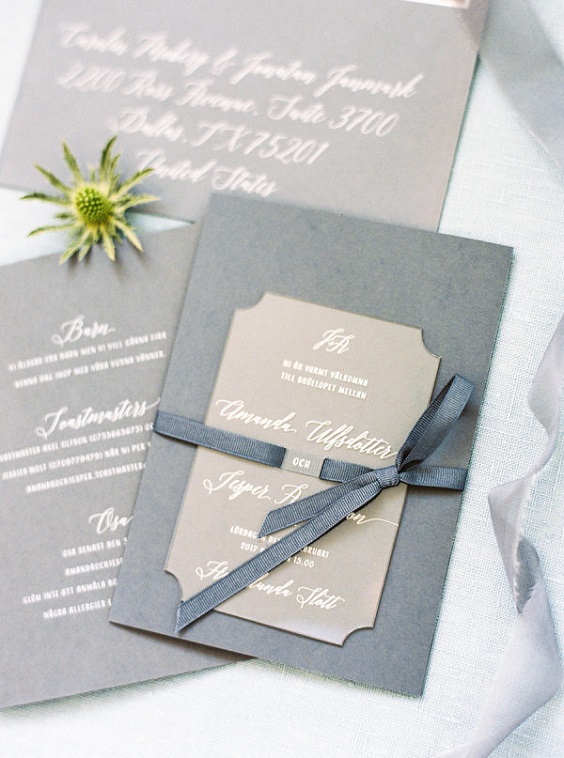 grey invitation for neutral fall wedding colors grey and dusty blue