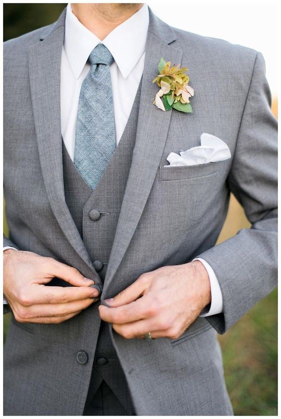 grey mens suit with dusty blue tie for neutral fall wedding colors grey and dusty blue