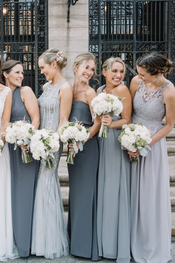 Dusty grey store blue bridesmaid dresses