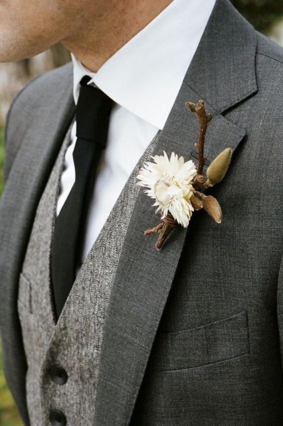 grey mens suit with black tie for neutral fall wedding colors taupe white and grey