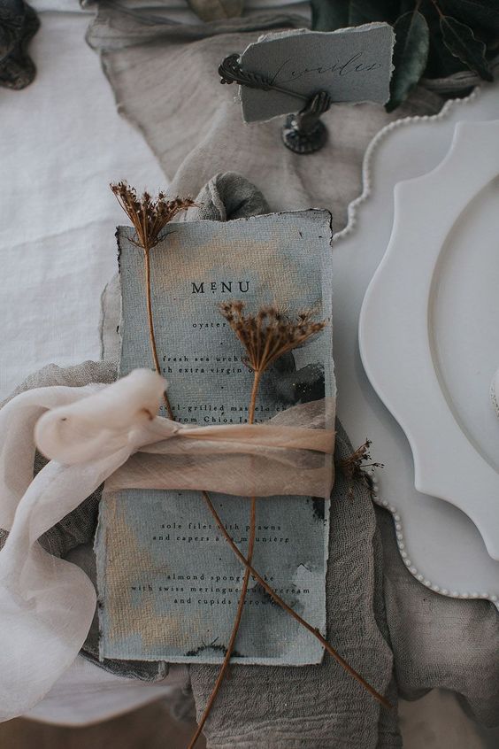 light grey menu for neutral fall wedding colors taupe white and grey