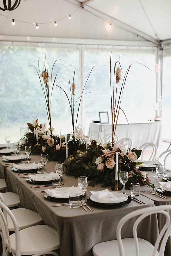 taupe tablecloth white plates and blush and green centerpieces for neutral fall wedding colors taupe white and grey