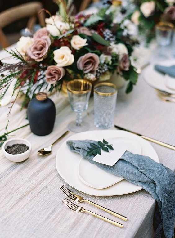 navy and mauve table setting for neutral fall wedding colors navy and mauve