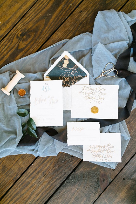 invitation for neutral fall wedding colors dusty blue and gold