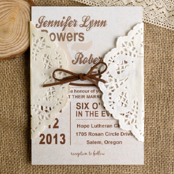 lace pocket brown ribbon wedding invitation for neutral fall wedding colors earth tones