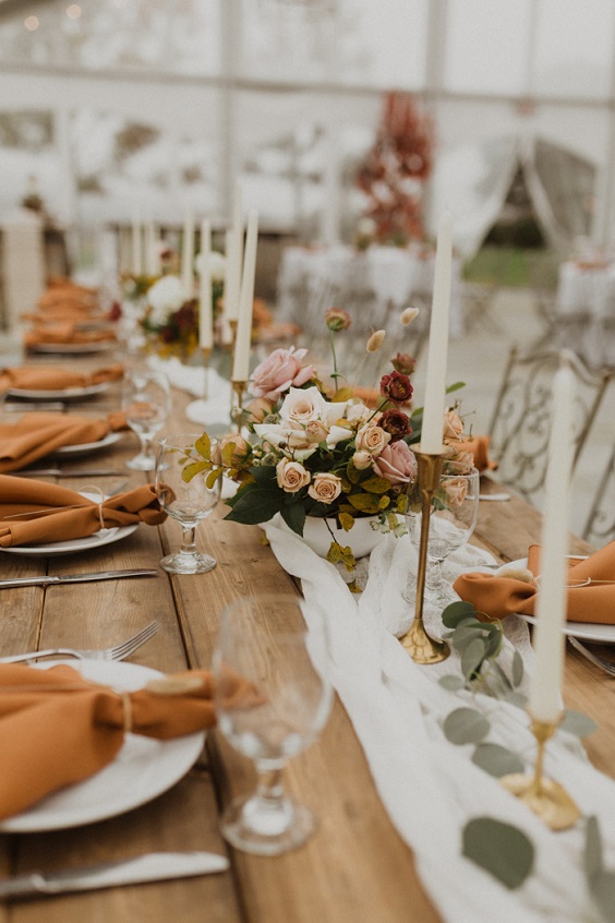 orange napkins beige blush with greenery centerpieces for neutral fall wedding colors beige and orange