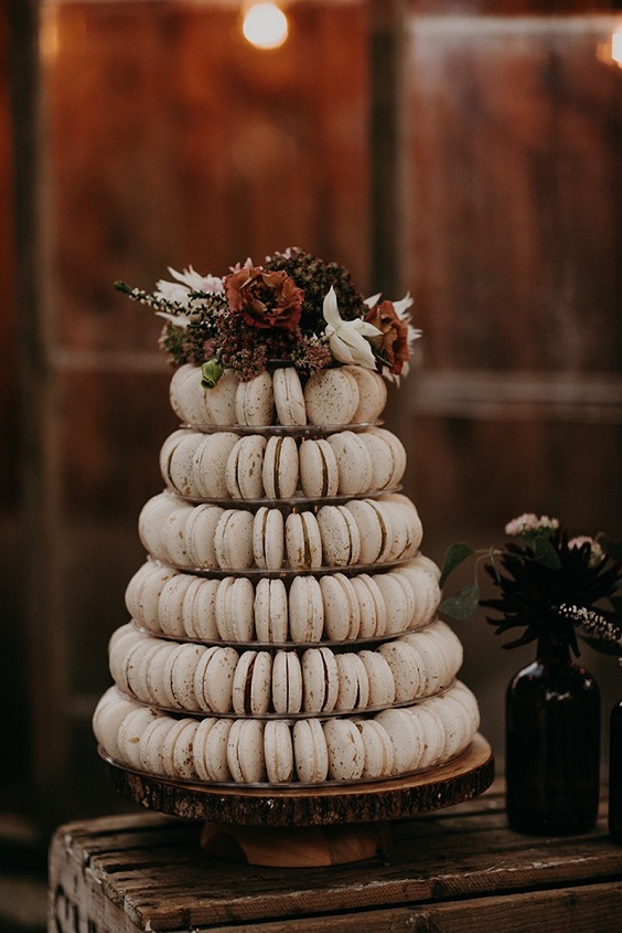 macaroon towers dotted with brown flowers for neutral fall wedding colors brown rust and yellow